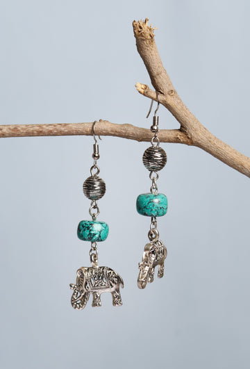 Turquoise Stone With Elephant Charm Dangler Earring.